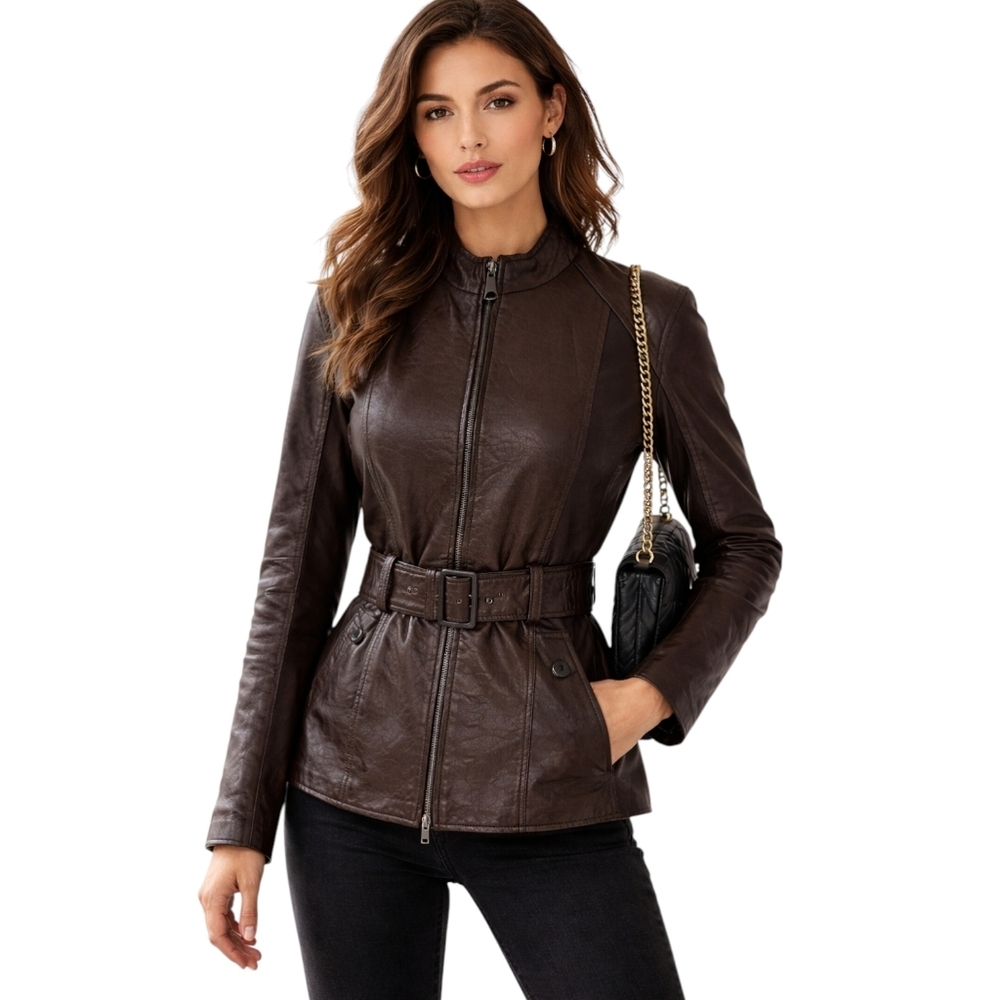 Andrew Mark New York Genuine Leather Belted Jacket Chocolate Brown Size M